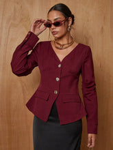 Women's Solid V-Neck Front Button Long Sleeve Blouse